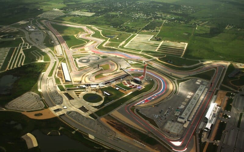 an aerial view of COTA race track from a plane