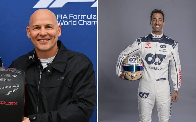 a man holding a trophy next to a photo of a man in a racing suit