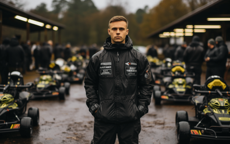 a man standing in front of a row of racing cars