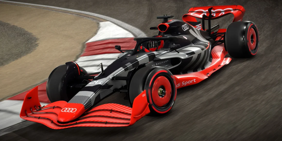 a red and black race car driving on a track