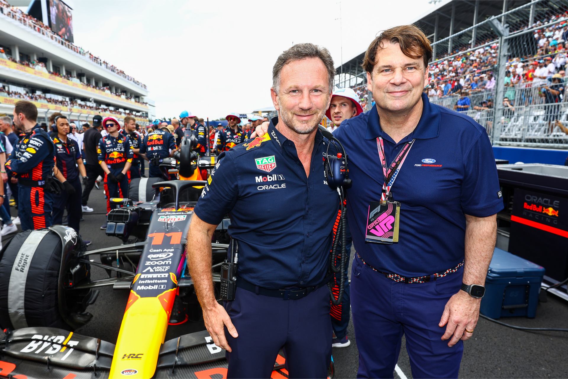 MIAMI, FLORIDA - MAY 07: Red Bull Racing Team Principal Christian Horner and Jim Farley, CEO of Ford pose for a photo on the grid prior to the F1 Grand Prix of Miami at Miami International Autodrome on May 07, 2023 in Miami, Florida