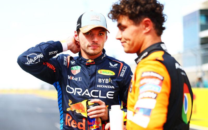 Sprint winner Max Verstappen of the Netherlands and Oracle Red Bull Racing and Third placed Lando Norris of Great Britain and McLaren talk in parc ferme during the Sprint ahead of the F1 Grand Prix of United States at Circuit of The Americas