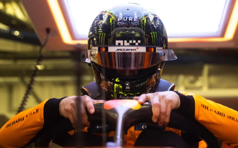 a man wearing a helmet and holding a steering wheel