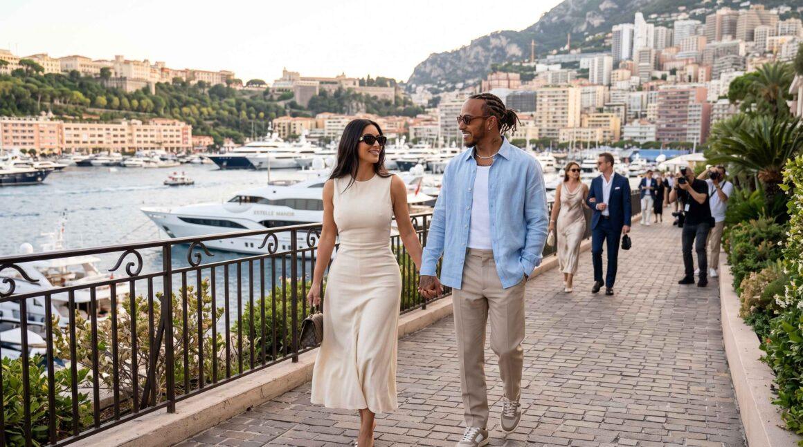 Lewis Hamilton et Kim Kardashian, vêtus de tenues élégantes, marchent main dans la main le long d'un quai bordé de yachts.
